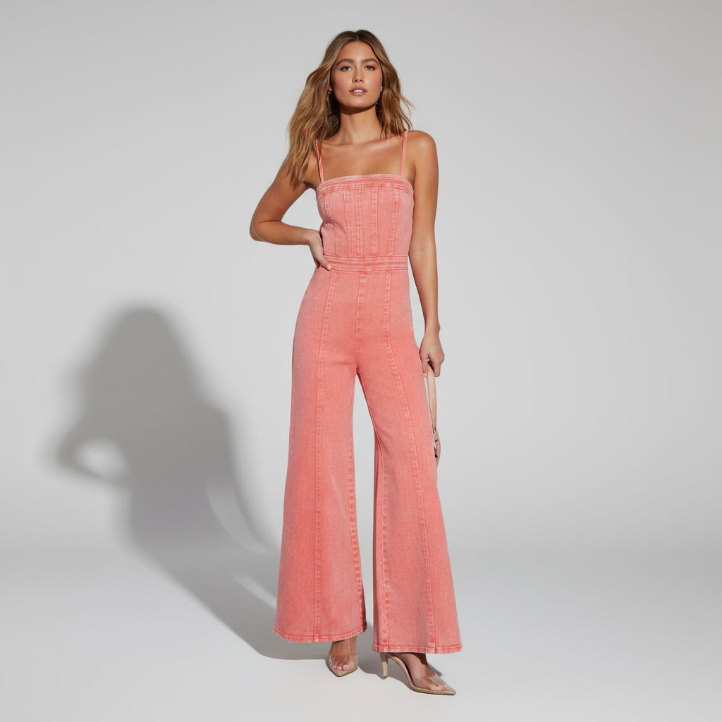 Corset Bodice Wide-Leg Jumpsuit with Adjustable Straps