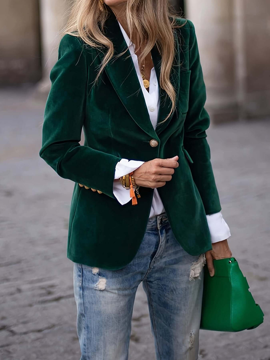 Chloe - Velvet Blazer with Gold Button Accents