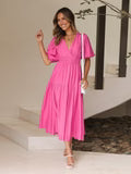 Tiered Midi Dress with Shirred Waist and Puff Sleeves