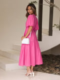 Tiered Midi Dress with Shirred Waist and Puff Sleeves