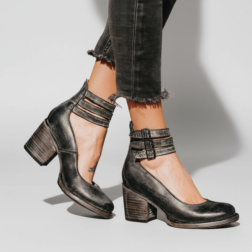 Block Heel Shoes with Double Buckle Ankle Straps