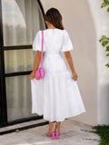 Tiered Midi Dress with Shirred Waist and Puff Sleeves