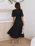 Tiered Midi Dress with Shirred Waist and Puff Sleeves
