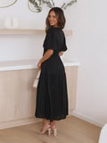Tiered Midi Dress with Shirred Waist and Puff Sleeves