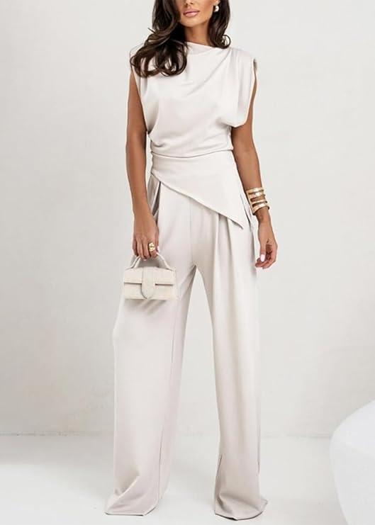 Draped Top and Wide-Leg Pants Set