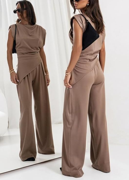 Draped Top and Wide-Leg Pants Set