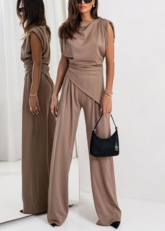 Draped Top and Wide-Leg Pants Set