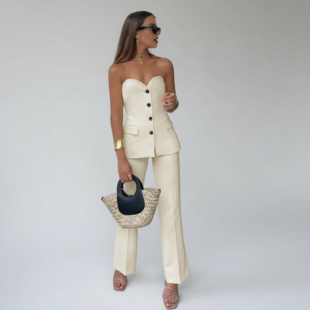 Two-Piece Strapless Blazer and Flared Pants Set