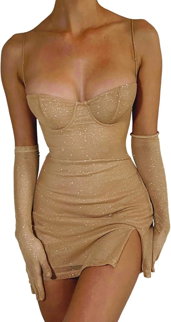 Spaghetti Strap Mini Dress with Sheer Gloves