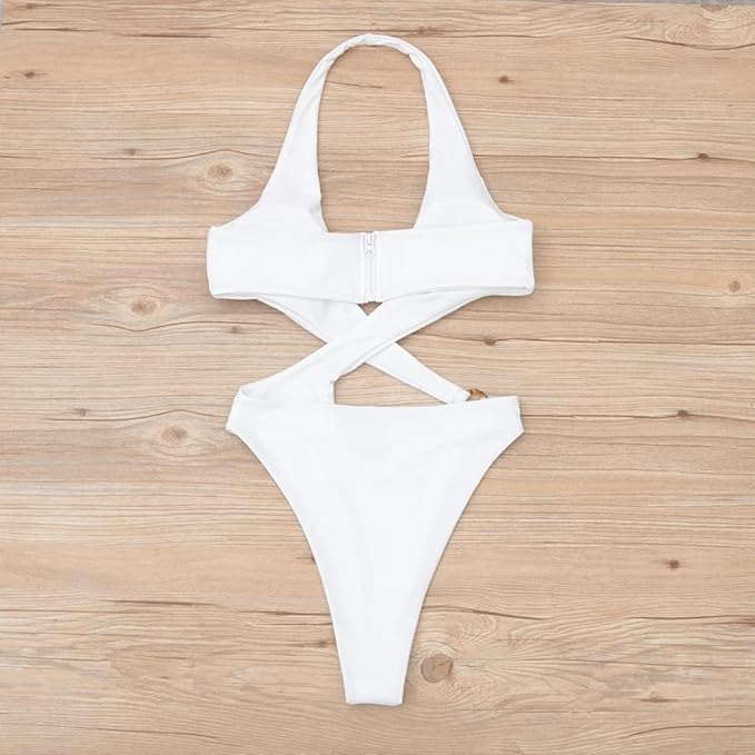 Cut-Out One-Piece Swimsuit with Criss-Cross Halter Neck
