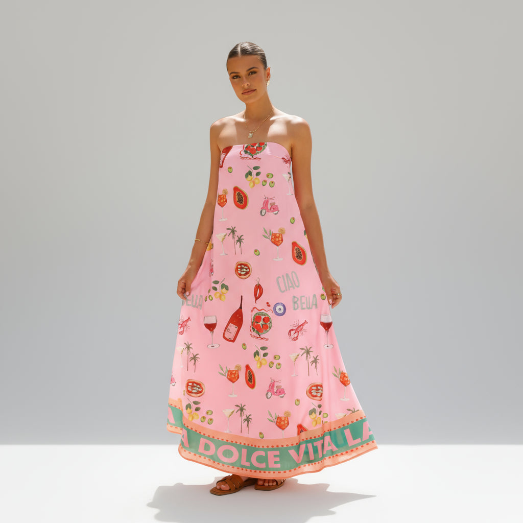 Strapless Printed Maxi Dress with Elastic Bust