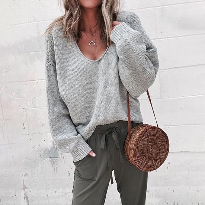 Oversized V-Neck Knit Sweater with Ribbed Details