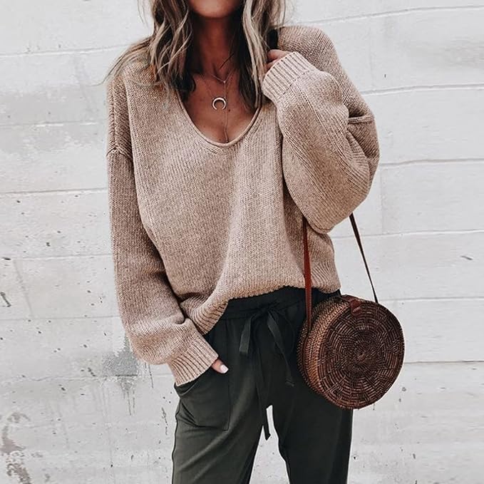 Oversized V-Neck Knit Sweater with Ribbed Details
