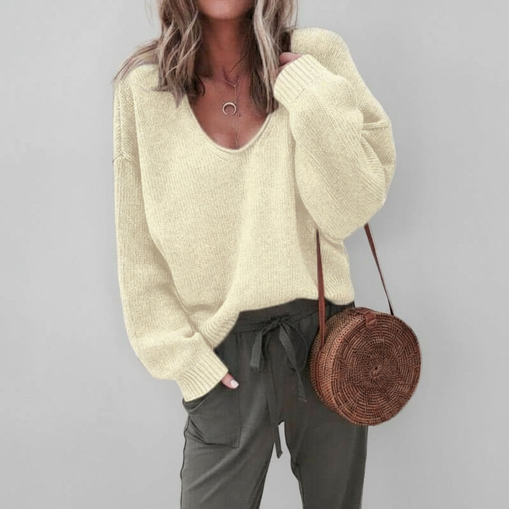 Oversized V-Neck Knit Sweater with Ribbed Details