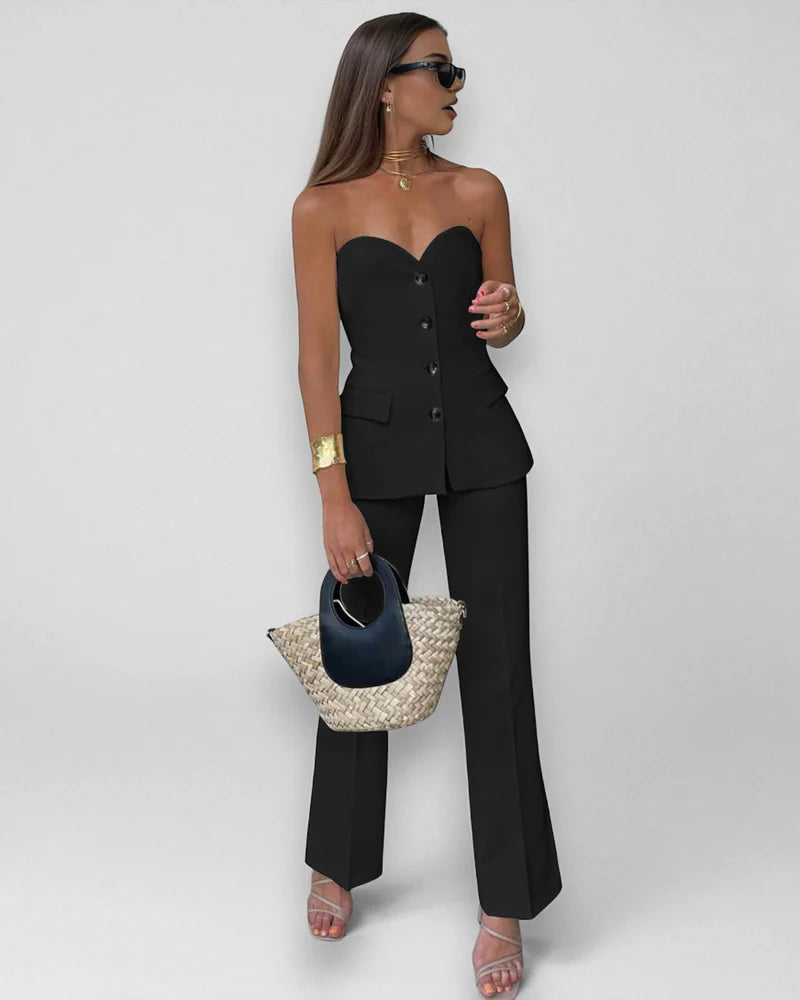 Two-Piece Strapless Blazer and Flared Pants Set