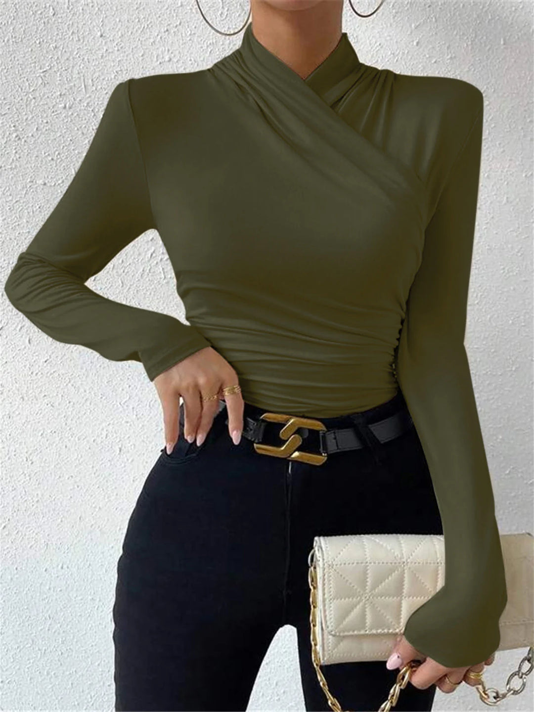Long-Sleeve Wrap Top with Crossover Neckline