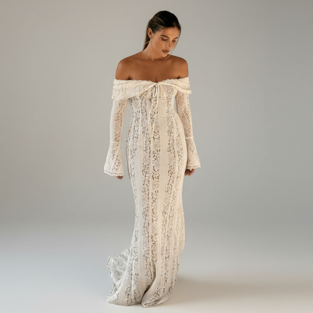 Off-Shoulder Maxi Dress with Flared Sleeves