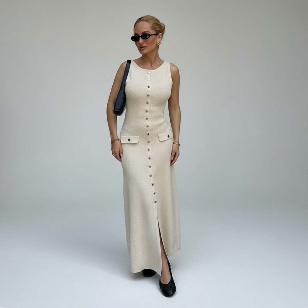 Ribbed Slim-Fit Knit Dress with Gold Buttons and Pockets