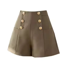 Pleated Front High-Waisted Shorts with Button
