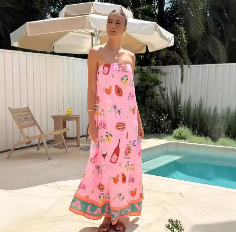 Strapless Printed Maxi Dress with Elastic Bust