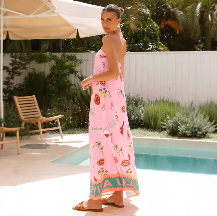 Strapless Printed Maxi Dress with Elastic Bust