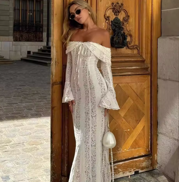 Off-Shoulder Maxi Dress with Flared Sleeves