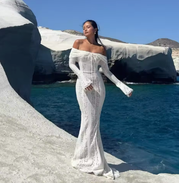 Off-Shoulder Maxi Dress with Flared Sleeves