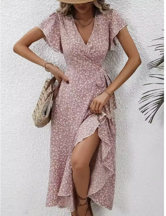 Floral Wrap Dress with Short Sleeves and Asymmetric Hem