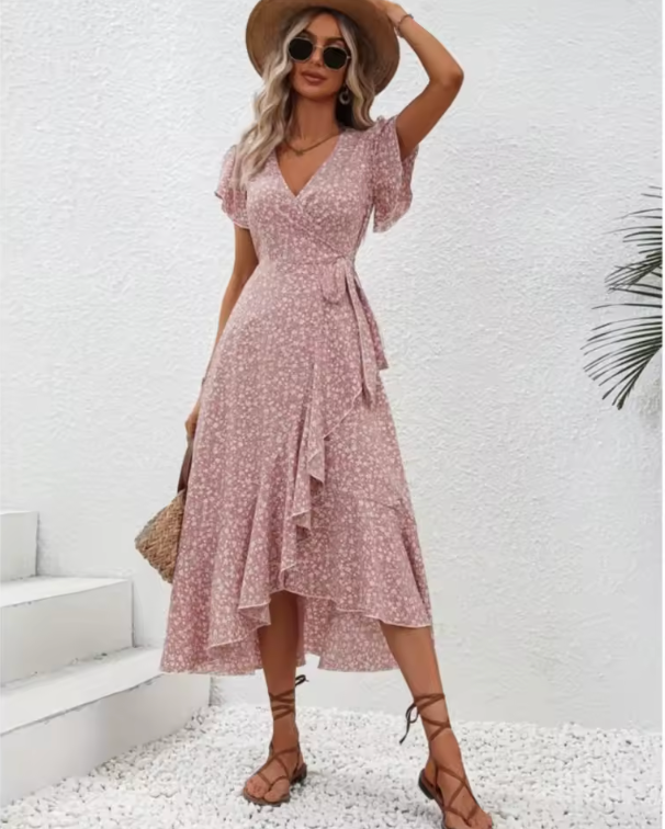 Floral Wrap Dress with Short Sleeves and Asymmetric Hem