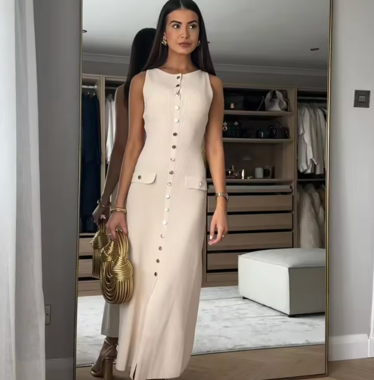 Ribbed Slim-Fit Knit Dress with Gold Buttons and Pockets