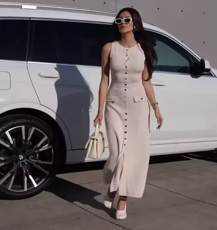 Ribbed Slim-Fit Knit Dress with Gold Buttons and Pockets