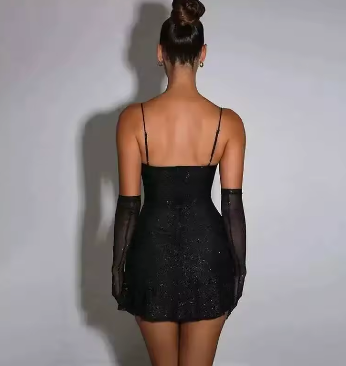 Spaghetti Strap Mini Dress with Sheer Gloves