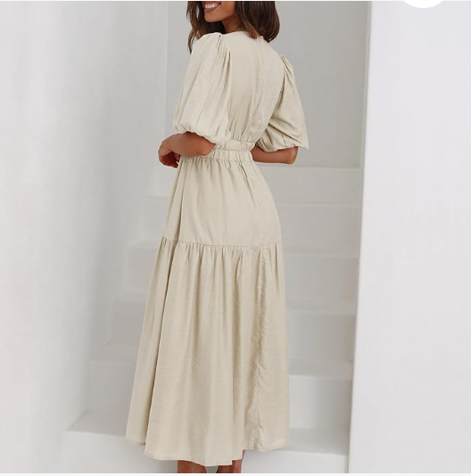 Tiered Midi Dress with Shirred Waist and Puff Sleeves