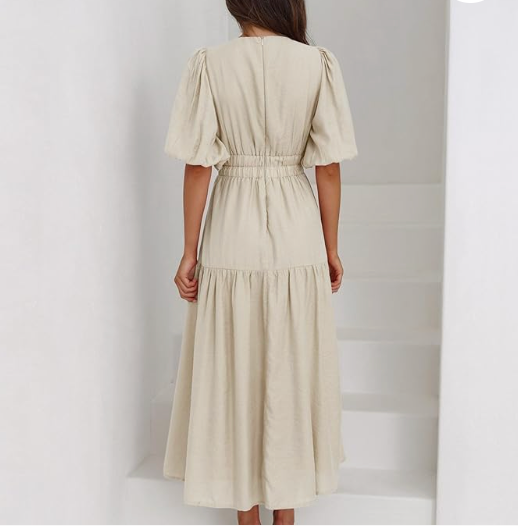 Tiered Midi Dress with Shirred Waist and Puff Sleeves
