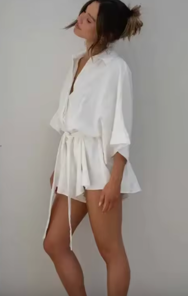 Short-Sleeve Jumpsuit with Front Buttons and Waist Tie