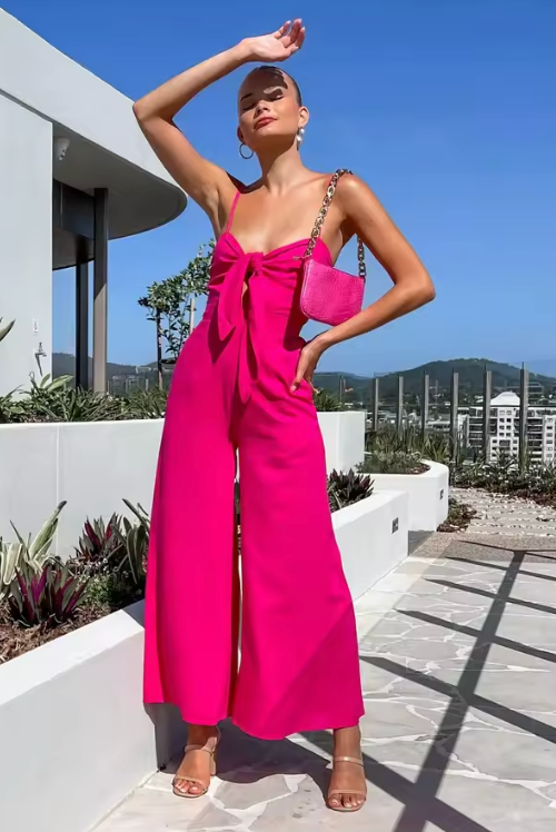 Wide-Leg Jumpsuit with Front Tie and Adjustable Straps