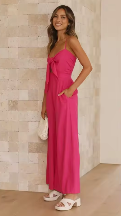 Wide-Leg Jumpsuit with Front Tie and Adjustable Straps