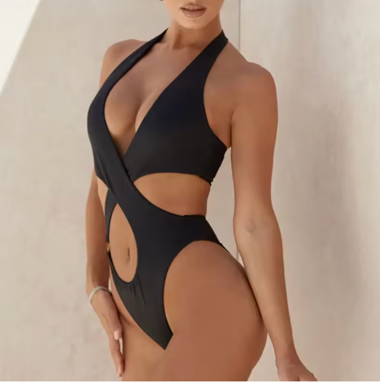 Cut-Out One-Piece Swimsuit with Criss-Cross Halter Neck