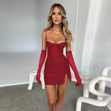 Spaghetti Strap Mini Dress with Sheer Gloves