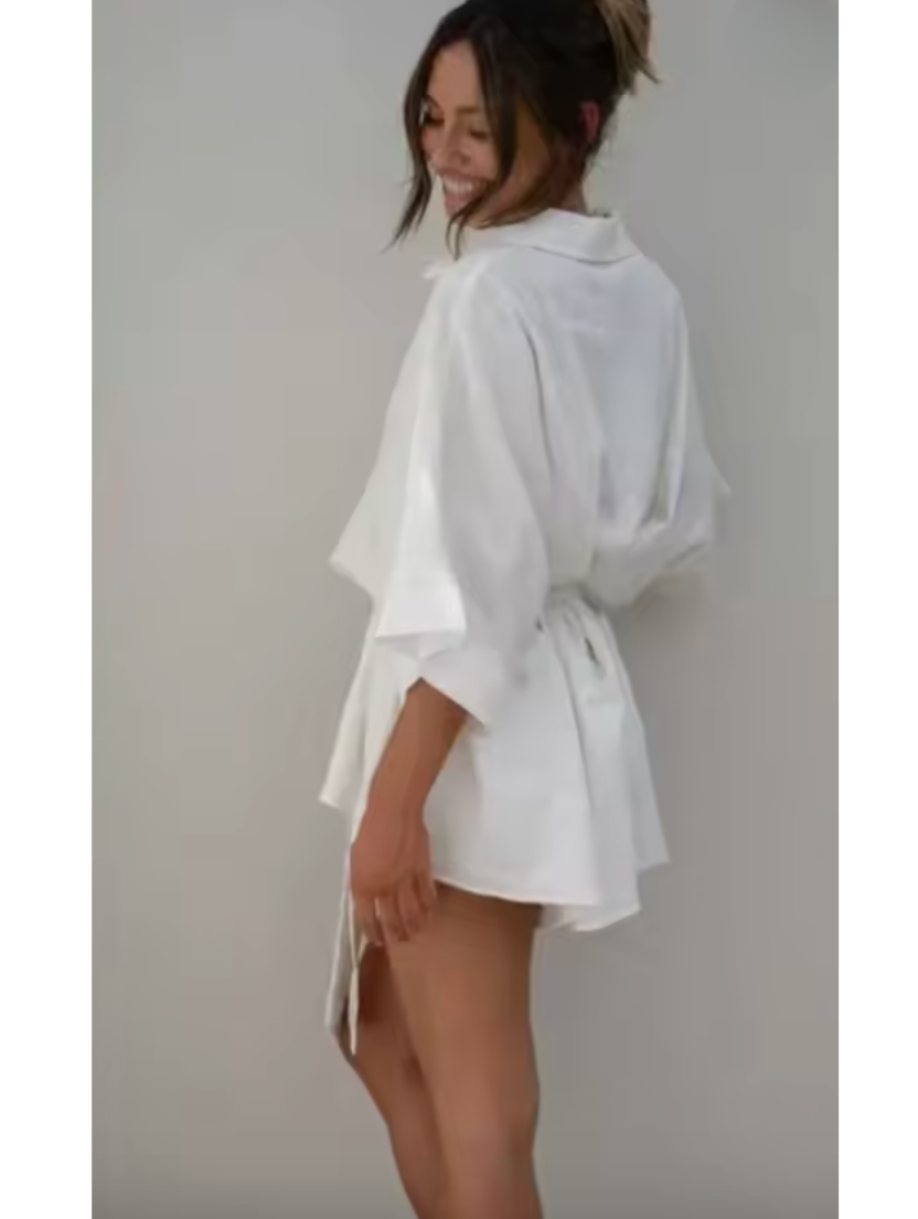 Short-Sleeve Jumpsuit with Front Buttons and Waist Tie