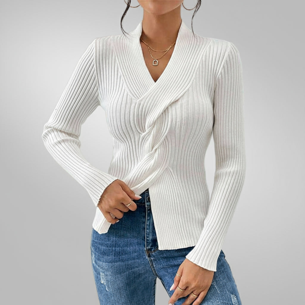 Ribbed V-Neck Sweater with Twist Detail