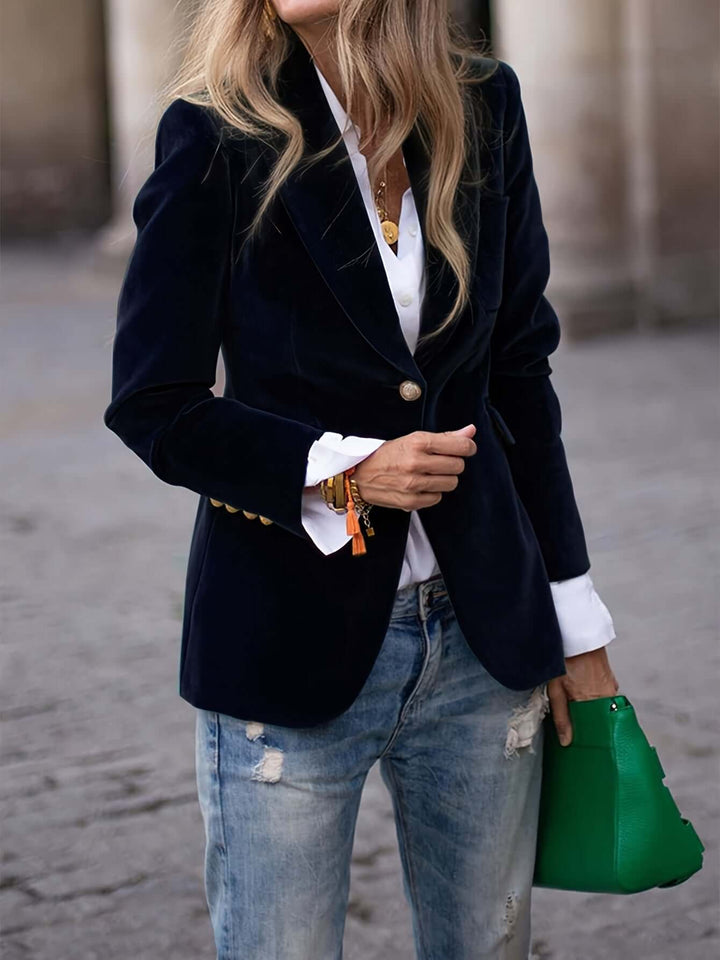 Chloe - Velvet Blazer with Gold Button Accents