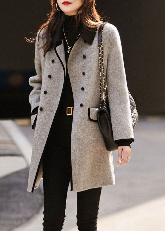 Coat with Contrast Piping and Double Row of Buttons