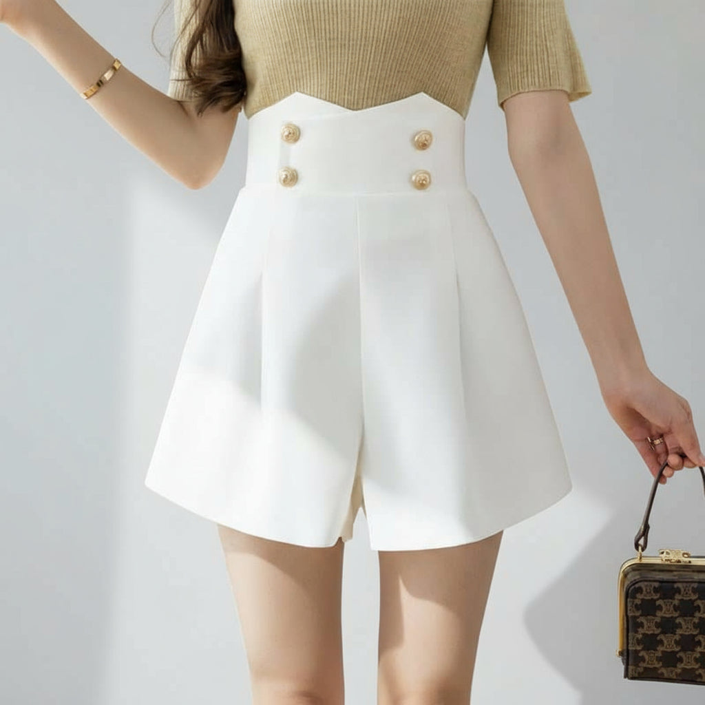 Pleated Front High-Waisted Shorts with Button