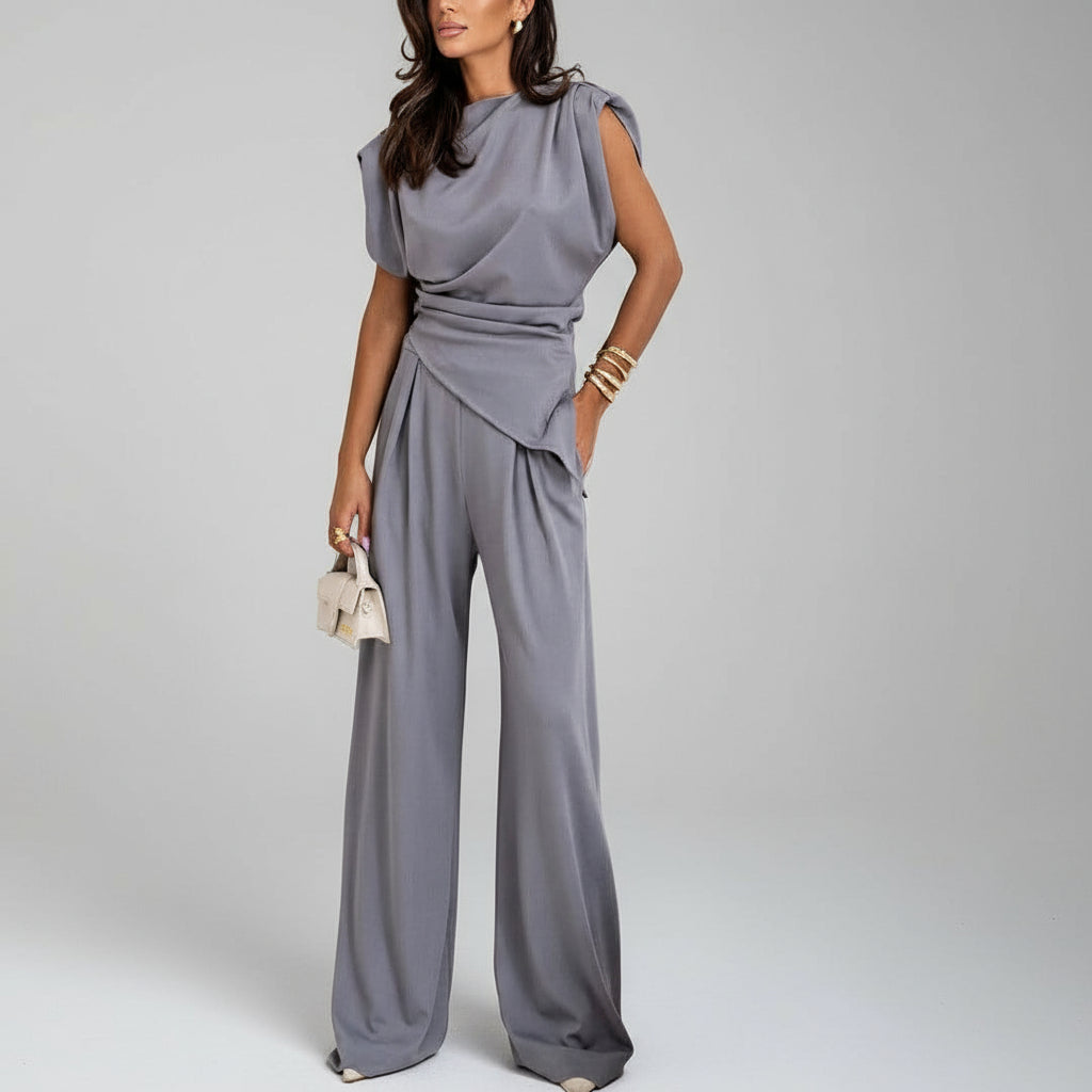 Draped Top and Wide-Leg Pants Set