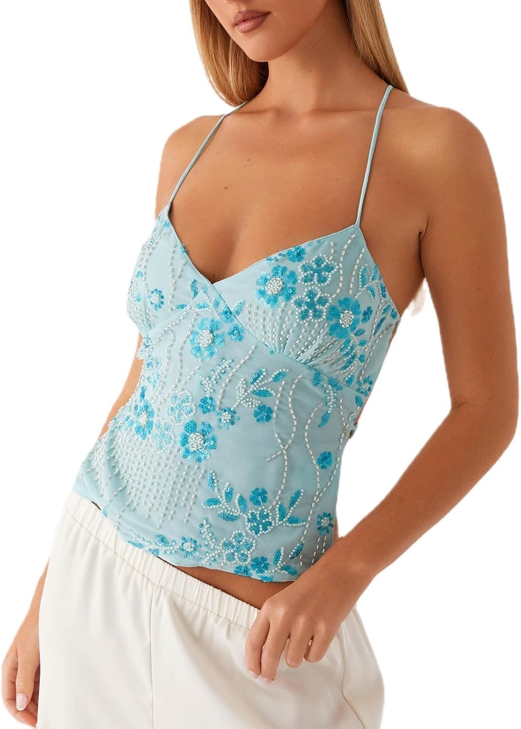 Floral Wrap-Front Sequin Top