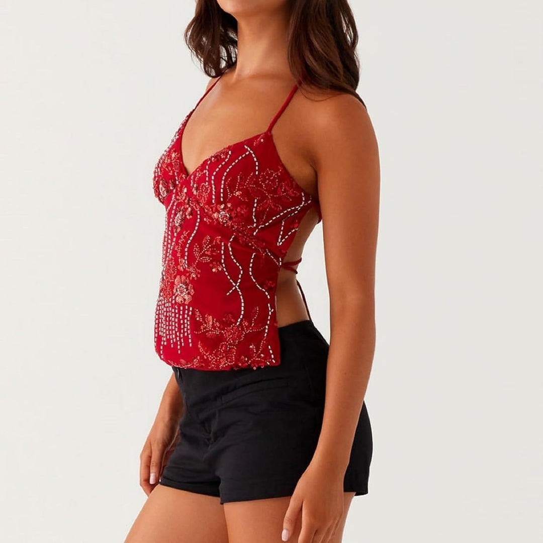 Floral Wrap-Front Sequin Top