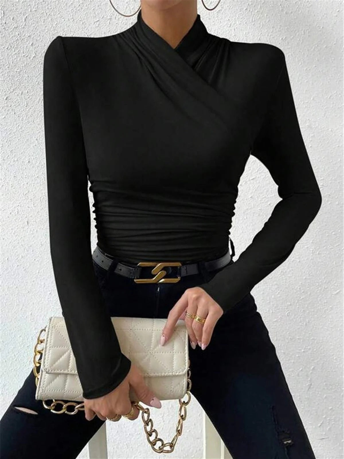 Long-Sleeve Wrap Top with Crossover Neckline