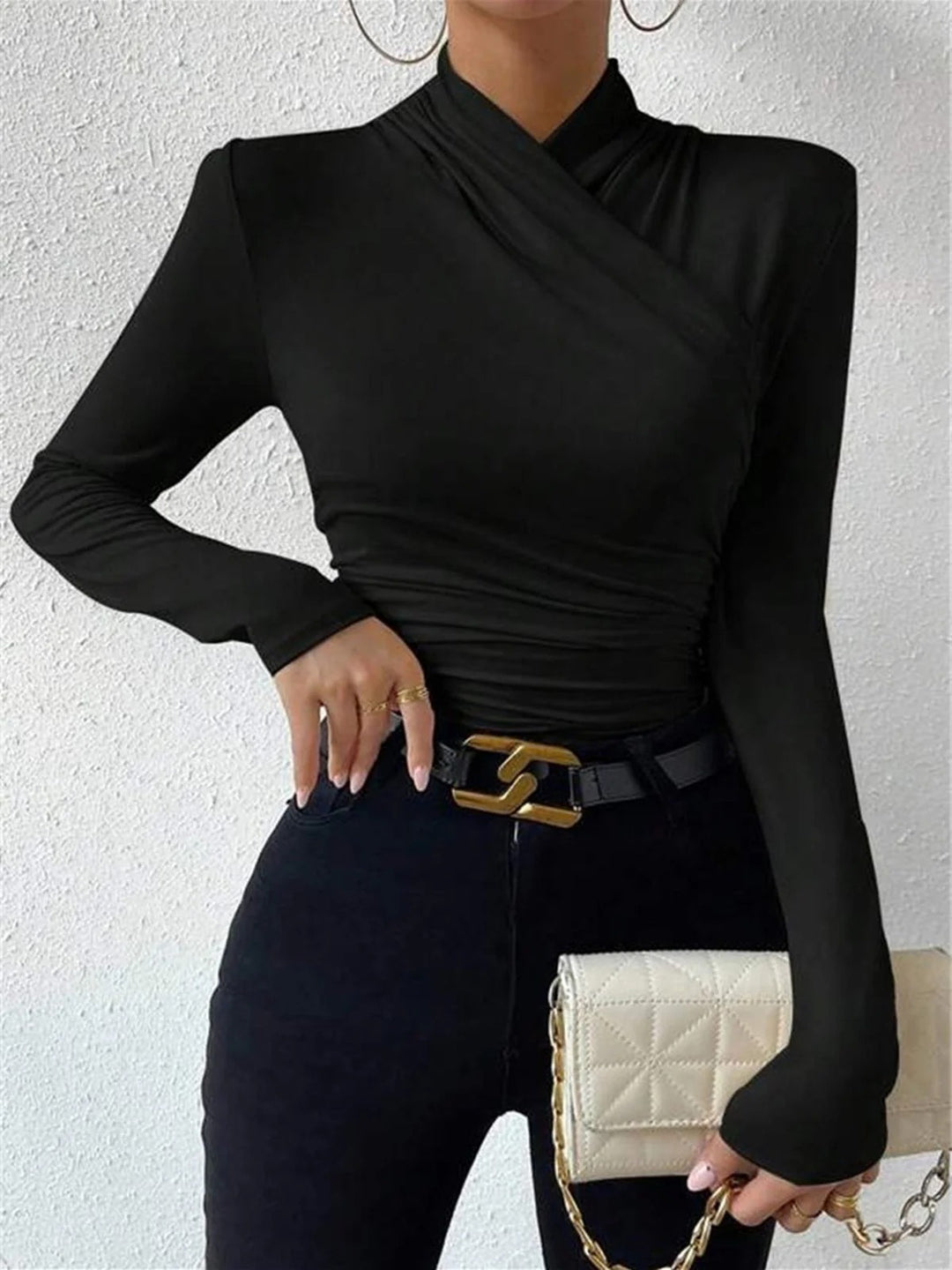 Long-Sleeve Wrap Top with Crossover Neckline