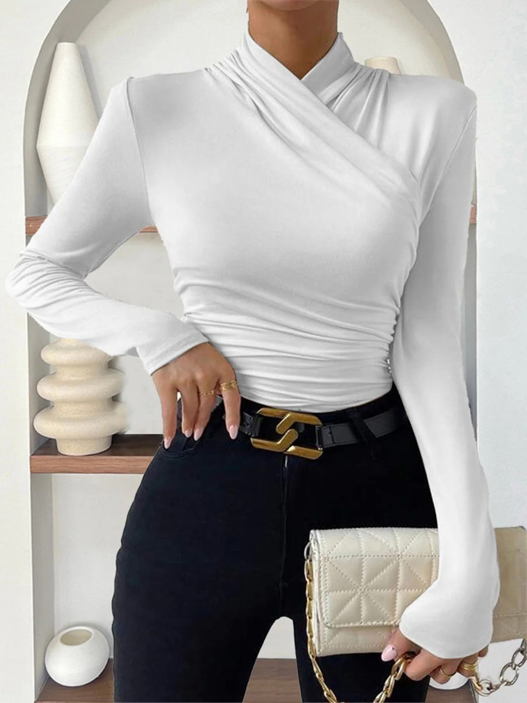 Long-Sleeve Wrap Top with Crossover Neckline